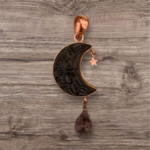 🟢Engraved Obsidian Moon set in Electroplated Copper, with a star and Amethyst